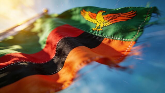 Vibrant Zambian flag flutters against a clear blue sky, perfect for showcasing national pride in travel brochures or educational materials.