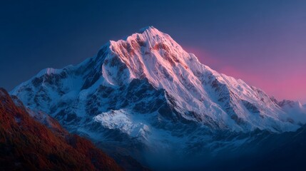 A stunning view of snow-capped mountains at sunset, the peaks are illuminated in a golden glow, against a deep blue sky