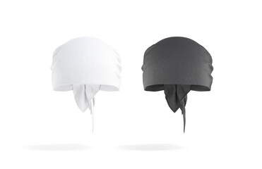Blank black and white bandana head wrap mockup, png, transparent background, 3d rendering. Empty knot headscarf accessory mock up cut out. Clear biker or cowboy headwrap band or balaclava template.