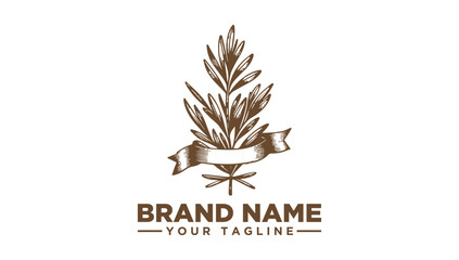 Elegant botanical branch logo vector illustration, featuring a vintage design with a ribbon banner, ideal for organic product branding and identity