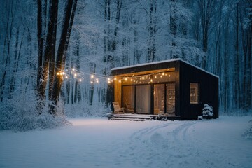 Cozy cabin surrounded by snow, glowing lights create warm ambian