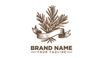Elegant Hand-Drawn Rosemary Logo Vector Illustration with Ribbon Banner