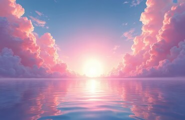 Bright sun sets over calm ocean reflecting pink sky and clouds. Gentle waves ripple on water surface. Peaceful serene atmosphere for dreams and fantasy.