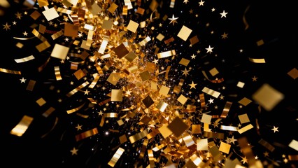 Explosion of Golden Confetti and Glitter Sparkles on a Dark Background for Celebrations