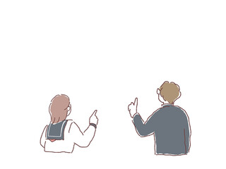 指をさす学生の後ろ姿
