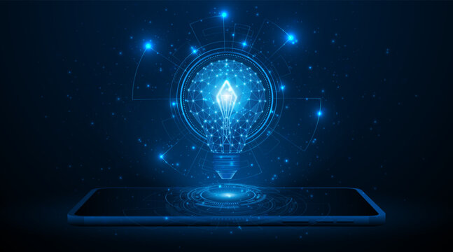 Electric or creative light bulb on tablet or smartphone. Global internet connection concept for business. advanced digital technology	