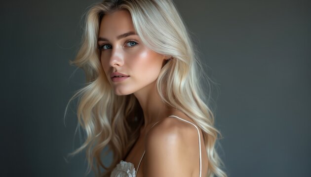 Blonde woman with bare shoulders poses against dark background. Her long wavy hair flows gently. She looks directly at viewer with soft makeup and smooth skin.