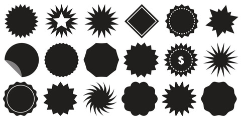 Set of sale stickers, price tags, starburst shapes, quality marks, sunburst badges, and retro star elements. Flat vector design collection featuring starburst speech bubbles. Vector illustration.