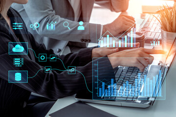 Data flow from database and cloud to processing and analytics dashboards, representing data...