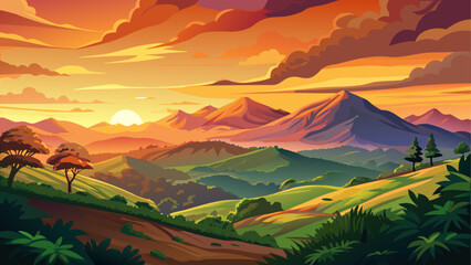 Panoramic illustration of a breathtaking orange sunset casting warm light over the rolling foothills of Monteverde in Santa Elena, Costa Rica, showcasing serene highland nature with soft clouds