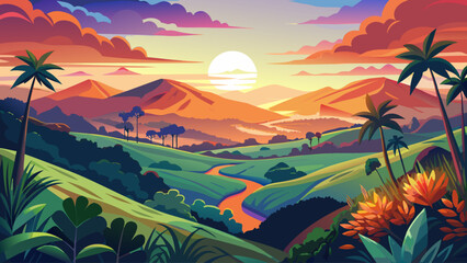 Vibrant panoramic artwork featuring a glowing orange sunset illuminating the foothills of Monteverde, Santa Elena, Costa Rica, highlighting tranquil highland scenery and soft atmospheric light