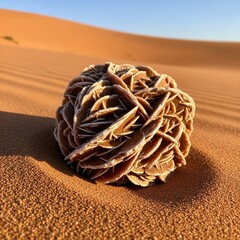 Desert rose formation sculpted by arid winds graces the sandy dune landscape