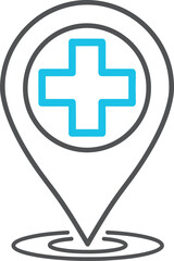 Medical location pin icon with cross inside circle, graphic symbol for healthcare services and navigation, 100 chars