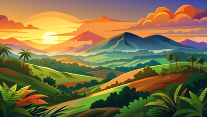 Vibrant panoramic artwork featuring a glowing orange sunset illuminating the foothills of Monteverde, Santa Elena, Costa Rica, highlighting tranquil highland scenery and soft atmospheric light