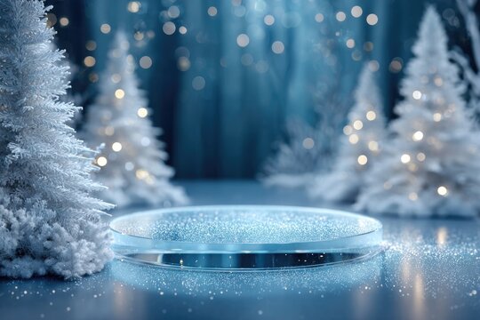 Winter wonderland with sparkling ice surface, surrounded by fros