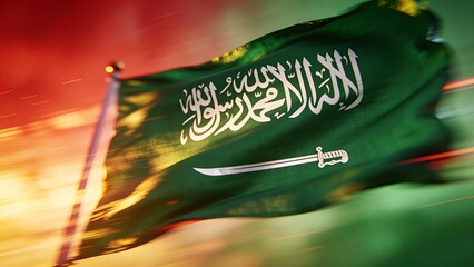 The Saudi Arabian flag waves energetically against a colorful backdrop, symbolizing cultural identity and national pride, suitable for artistic or promotional use.