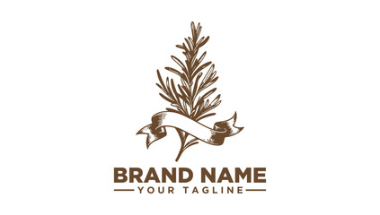 Rosemary herb logo vector illustration for branding, featuring a stylized rosemary sprig with a ribbon banner, perfect for culinary or natural product branding