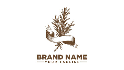 Elegant Rosemary Herb Logo Vector Illustration, Perfect for Natural Product Branding, Featuring a Vintage Hand-Drawn Style and Decorative Ribbon Graphic