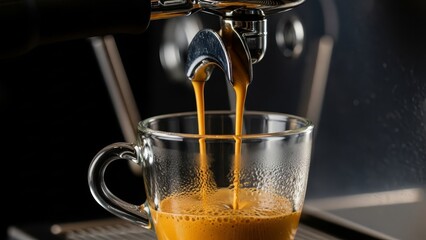 Close up of professional espresso machine pouring hot coffee crema into glass cup.