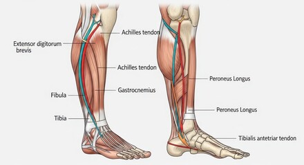 Detailed anatomical illustration of human leg muscles tendons and vascular system showcase