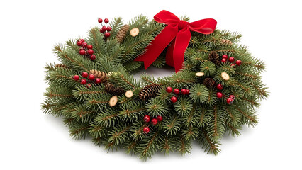 A christmas wreath made of evergreen branches with red bow and ornaments isolated on white background for holiday decoration and celebration