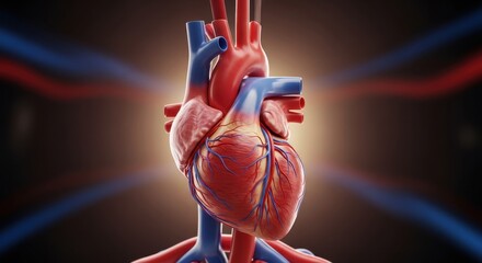 Detailed anatomical visualization of human heart with blue and red blood flow system display