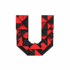 The letter U is formed from red and black geometric paper shapes on a white background, creating a modern and abstract design.