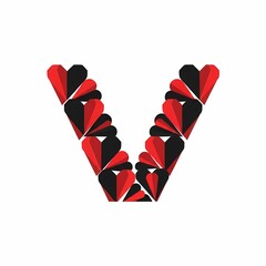 The letter V is made of red and black heart shapes. The hearts are arranged to create the form of the letter on a white background.