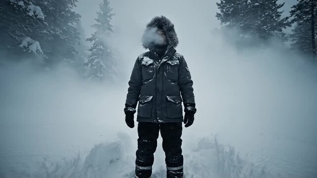 A solitary figure braves the harsh, snow-laden winter forest environment amidst thick fog, navigating deep snow, showcasing resilience and endurance