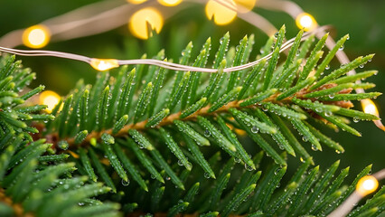 Closeup of a christmas tree branch with yellow string lights on a blurred green background during the holiday season