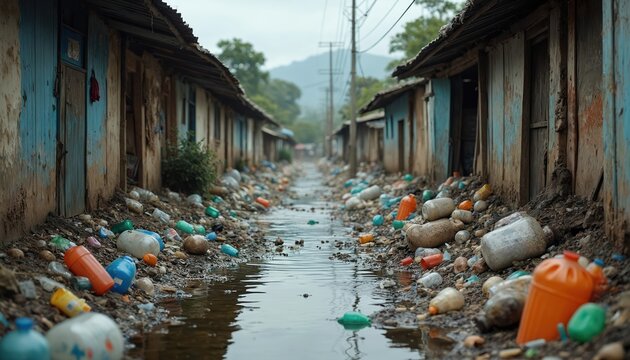 Poor community street choked with plastic bottles, waste, and dirty water. Overcrowded shanty town exhibits severe pollution and lack of sanitation services.