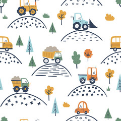 Cute seamless pattern with hand drawn construction cars, hills, trees and bushes. Perfect for kids textiles, wrapping, wallpaper, nursery decor, crafts and playful design projects.