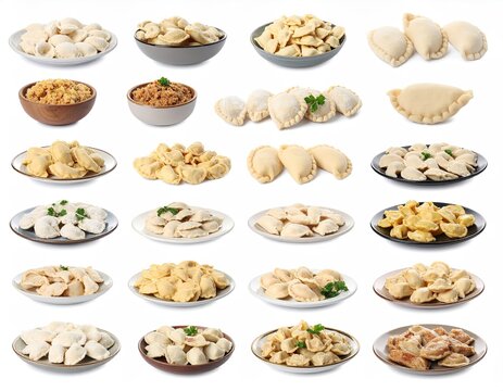 Assorted dumplings displayed, various shapes, fillings
