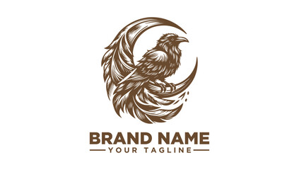 Vintage Raven and Crescent Moon Logo Vector Illustration Elegant detailed artwork for mystical brand identity and graphic design projects