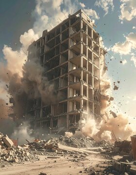 Tall building imploding with thick dust clouds against a partly cloudy sky