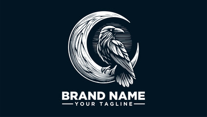 Mystical Raven perched on a Crescent Moon Vector Logo Illustration - Ethereal Bird Emblem