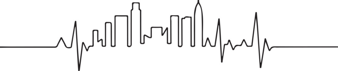 Continuous Line Art Skyline Resembling Quivering Heartbeat Minimal in Simple Contour Outline Style