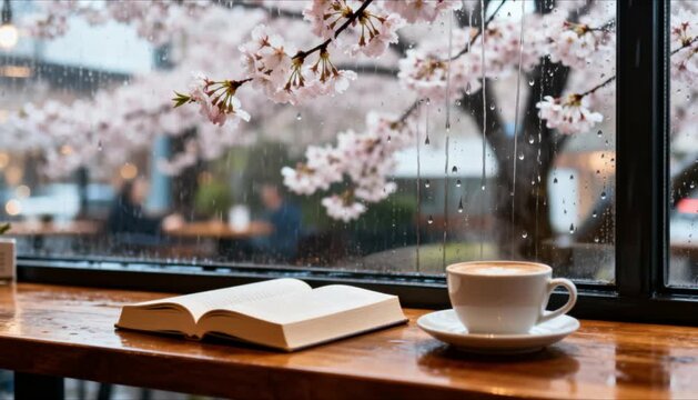 cherry blossoms outside window spring day raindrops sliding cafe glass books cup coffee cozy atmosphere