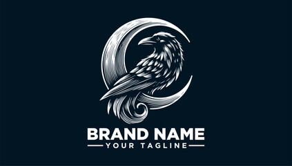 Dark Raven perched on Crescent Moon Logo Vector Illustration