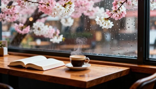 cherry blossoms outside window spring day raindrops sliding cafe glass books cup coffee cozy atmosphere