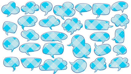 A collection of blue patterned speech bubbles with cute checkered textures for chat and comic designs.