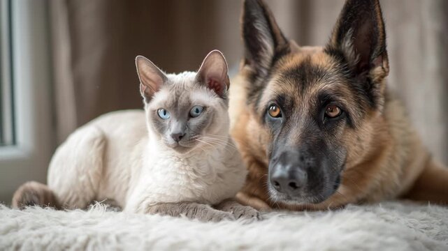A cat and a dog are resting on a white rug. The cat is staring at the camera. The scene is peaceful. Subtle pastel tones with a Devon Rex Cat and German Shepherd Dog, cat and dog minimalist scene