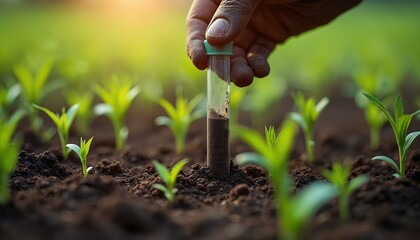 Farmer hand holds test tube with soil sample from young plant sprouts field. Agriculturalist checks soil health, nutrients and growth in organic farm for better yield.