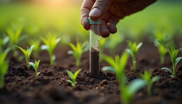 Farmer hand holds test tube with soil sample from young plant sprouts field. Agriculturalist checks soil health, nutrients and growth in organic farm for better yield.