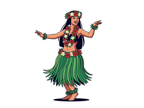 Cartoon Hula Dancer with Flower Lei and Green Grass Skirt