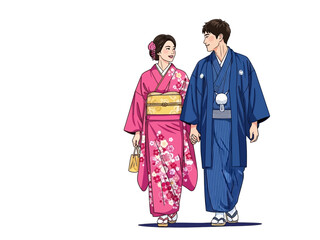 Couple in Traditional Japanese Kimonos Holding Hands, Looking at Each Other