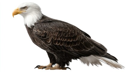 Obraz premium Majestic Bald Eagle Standing Proudly Full Body Against a Clean White Background for Artistic and Natural Themes