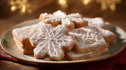 Perfectly frosted cookies arranged neatly on a ceramic plate powdered sugar sparkling under warm lighting sharp textures highlighting