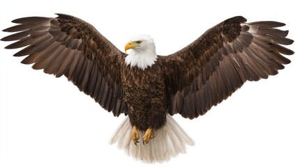 Obraz premium Majestic Bald Eagle Standing Tall with Spread Wings Against White Background Capture in Standard Scale