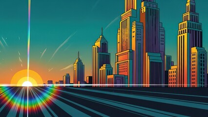 A vibrant, stylized cityscape at sunrise with a colorful light ray extending from the horizon, showcasing modern architecture and a dynamic sky.